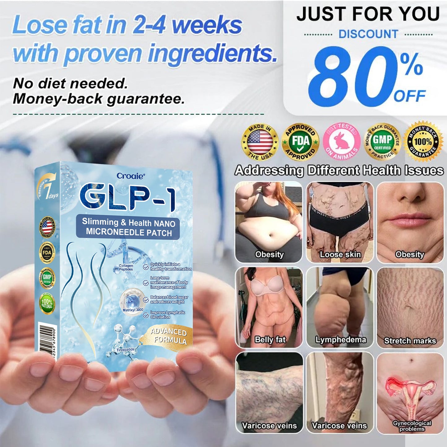 Official Store |🎁 Croaie® GLP-1 Nano-Microneedle Patch with Collagen & Matrixyl 3000丨Obesity, Cardiovascular Disease, Diabetes, Sleep Apnea, Joint Problems and More