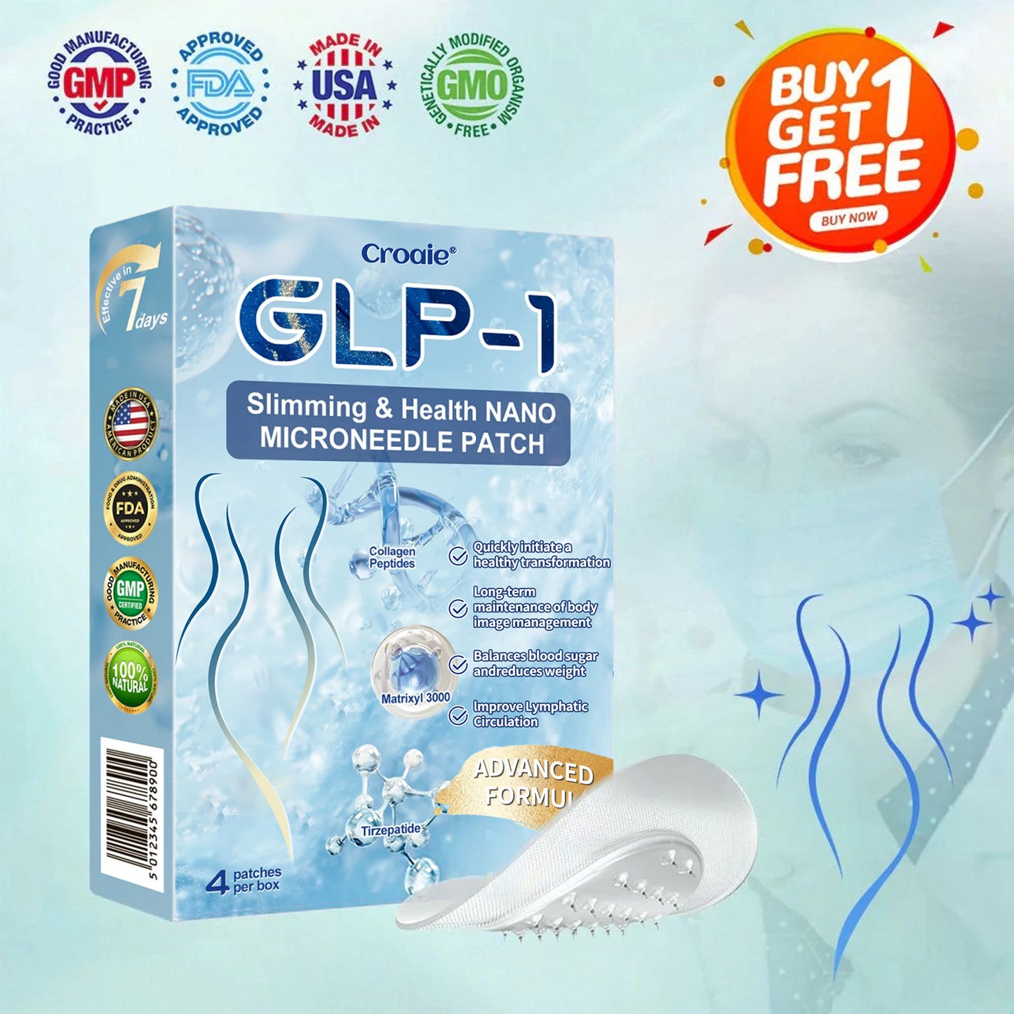 Official Store |🎁 Croaie® GLP-1 Nano-Microneedle Patch with Collagen & Matrixyl 3000丨Obesity, Cardiovascular Disease, Diabetes, Sleep Apnea, Joint Problems and More